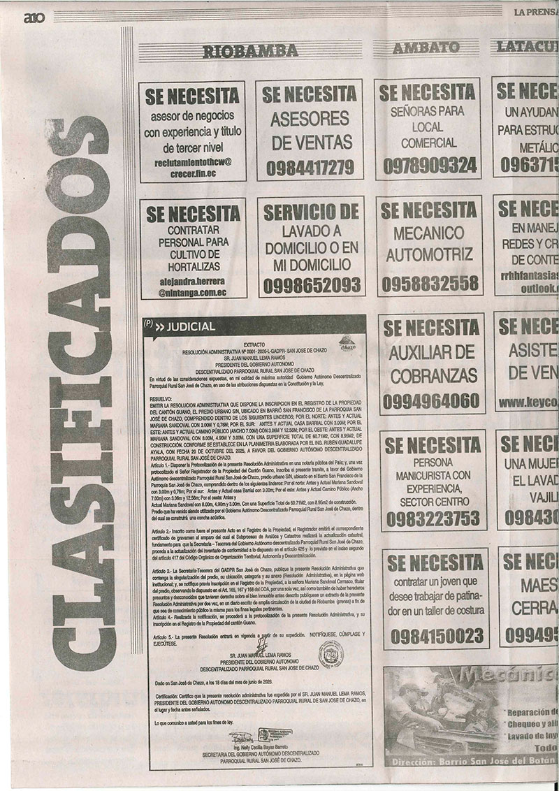 RESOLUCIÓN ADMINISTRATIVA N° 0001-2026-L-GADPR-SAN JOSE DE CHAZO